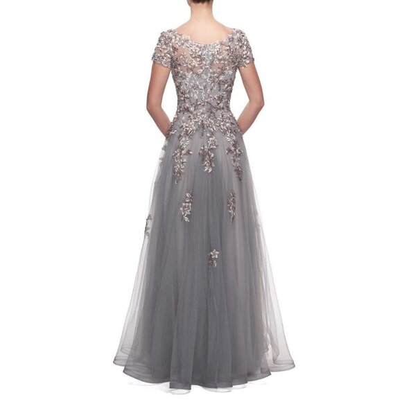 La Femme Gray Embroidered & Beaded Ballgown Floral Chiffon Dress - Picture 4 of 8